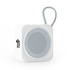 A compact white mini speaker with a grey mesh grille and an attached loop for easy carrying. It features a logo.