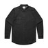 A black stone wash shirt with long sleeves, a button-down front, and a chest pocket. It has a logo on the label.