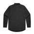 A dark grey button-up shirt with long sleeves and a collar. The back is plain and features a logo.