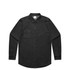 A button-up shirt in stone wash black with a single chest pocket and long sleeves, featuring a logo.