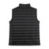 A black puffer vest with a high collar and quilted design, featuring a logo on the side.