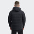 A black puffer jacket with a hood, featuring a quilted design and a logo on the back.