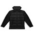 A black puffer jacket with a zip front and hood, featuring a smooth finish and a logo.