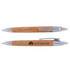 A bamboo pen featuring a silver clip and accents, showcasing a logo on one side.