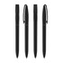 Four black plastic pens arranged side by side, featuring a sleek design and clips for easy attachment.