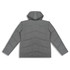 A grey women's puffer jacket with a hood, featuring a quilted design and long sleeves, and a logo on the back.