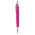 A pink plastic pen with a silver clip and tip, featuring a sleek design and a logo.