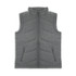 A grey puffer vest featuring a zip front and two side pockets, with chevron stitching design.