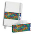 A white notebook with a vibrant, patterned band featuring shades of orange, green, and blue. Includes a logo.