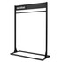 A clothing rack in black featuring a perforated top and a branding logo. It has a sturdy base for support.