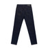 A pair of dark blue jeans with a slim fit and two back pockets, featuring stitching details and a logo.