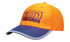A bright orange cap with a navy blue brim, featuring a logo on the front. It has a reflective trim.