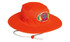 An orange luminescent safety hat with a wide brim and a logo on the front, featuring a chin strap.
