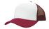 A trucker mesh cap featuring a white front and a burgundy visor and mesh back, with a logo on the front.