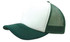 A Truckers Mesh Cap in green with a white front panel and a mesh back, featuring a logo on the side.