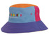 A multi-coloured child's bucket hat featuring blue, orange, pink, and purple panels, with a logo on one side.