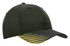 A black cap featuring a peak with a yellow flash print design and a logo on the side.