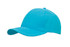 A turquoise cap with a curved brim, featuring a logo on the side.