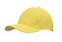 A yellow cap with a curved brim, featuring a logo on the front.