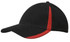 A black cap with red inserts on the peak and crown, featuring a logo.