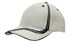 A cream cap with waving navy stripes on the crown and peak, featuring a logo on the front.