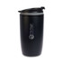A reusable coffee cup in matte black with a lid and a logo on the side.