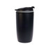 A reusable black coffee cup with a lid, featuring a sleek design and a logo.