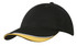 A black brushed heavy cotton cap with a yellow indented peak and a white trim, featuring a logo.