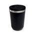 A reusable coffee cup in black with a metallic band and a lid featuring a small opening.