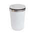 A reusable coffee cup in white with a stainless steel band and a white lid. It features a logo on the surface.