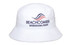A white bucket hat featuring an embroidered logo with red and blue accents. Suitable for sun protection and casual wear.