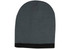 A two-tone grey cable knit beanie with a black band at the bottom. It features a branding logo.
