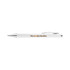 A white plastic pen with a shiny silver clip and a logo on the barrel.