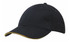 A black cap with a yellow sandwich trim and a logo on the front.