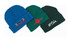 Three acrylic beanies in blue, green, and dark green, each featuring different logos.