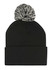 Acrylic beanie in black with a black and white pom pom on top. Features a fold-up cuff and branding logo.