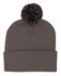 Acrylic beanie in grey with a large pom pom on top and a folded cuff at the bottom.