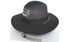 A black safari hat featuring mesh panels and a branding logo, with an adjustable cord.