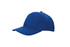 A blue cap with a curved brim, featuring stitching details and a small top button. It has a branding logo.