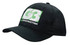 A black cap with an embroidered logo featuring green and white detailing.