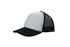 A black and white truckers mesh cap featuring a structured front panel and a mesh back, with a logo on it.