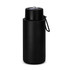 A drink bottle in black, featuring a sleek design, a secure lid, and a carry strap. It has a logo on the side.