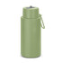 A drink bottle with a matte green finish, featuring a flip-top lid and a carrying handle. It has a logo.