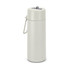 A drink bottle in a soft grey tone, featuring a secure lid and carry handle, with a logo visible on the side.