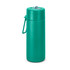 A drink bottle in vibrant teal colour with a silver lid and a handle for easy carrying. Features branding on the side.