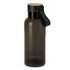 A drink bottle in smoky grey with a black handle and a wooden lid. It features a logo on the side.