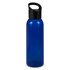 A drink bottle in vibrant blue with a black lid and a handle. It features a logo on the side.