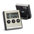 A kitchen timer featuring a stainless steel front and black sides, with a digital display and three buttons.