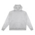 A grey hoodie featuring a front pocket and a classic hood design. It has a branding logo.