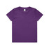 A purple youth t-shirt with a round neck and short sleeves, featuring a logo on the label.